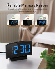 Modern Curved Digital Alarm Clock – Blue LED Display, Snooze, 6 Brightness Levels