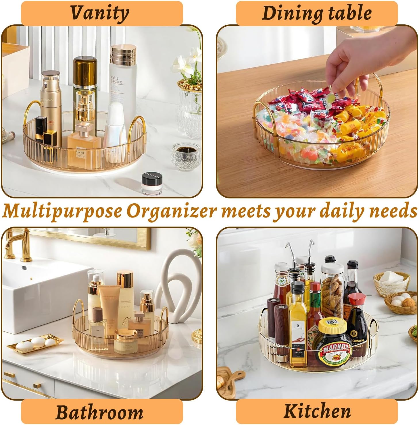 360° Rotating Makeup Organizer – Large Capacity Cosmetic & Vanity Storage (Gold)