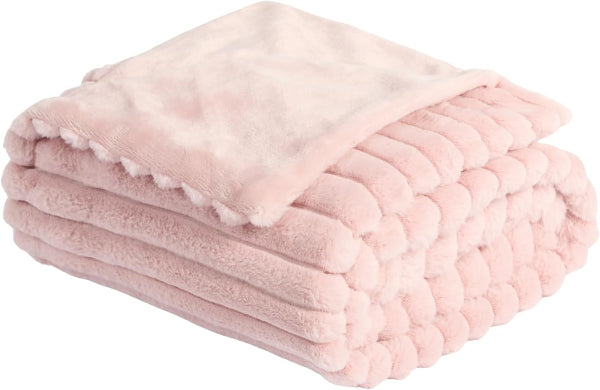 OHS Faux Fur Ribbed Pink Throw – Soft, Warm, Thick Fleece Blanket for Sofa & Bed, 125x150cm