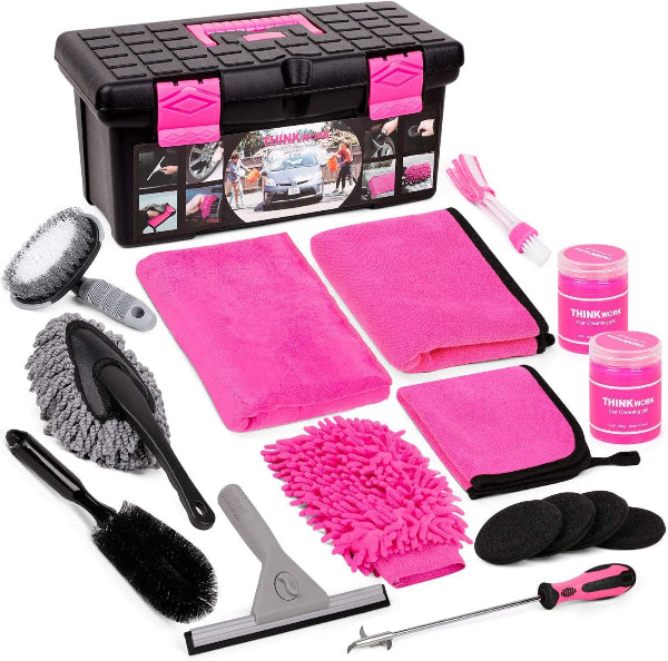 17Pcs Pink Car Cleaning Kit with Storage Box – Wash & Detailing Set for Women