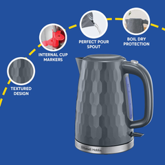 Russell Hobbs Honeycomb 1.7L Cordless Kettle – Fast Boil 3KW, Black, Perfect Pour