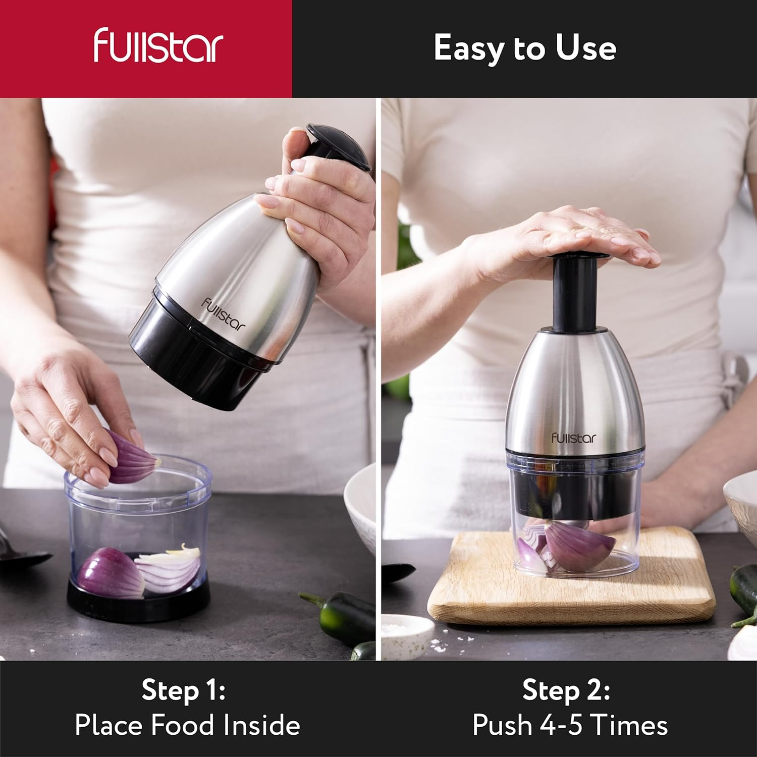 Fullstar Manual Onion & Vegetable Chopper – Stainless Steel Hand Food Dicer, Silver