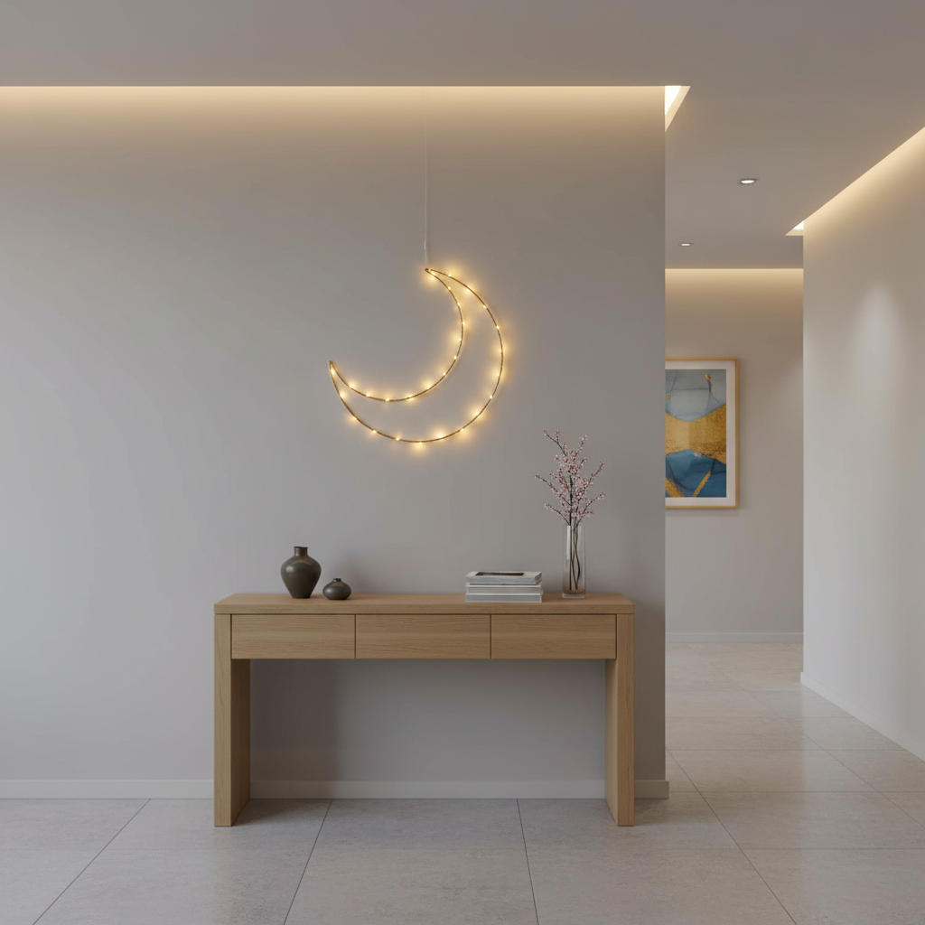 Gold Ramadan Light Up Moon Hanging Decoration – Warm White LED Battery Operated with Timer 30cm