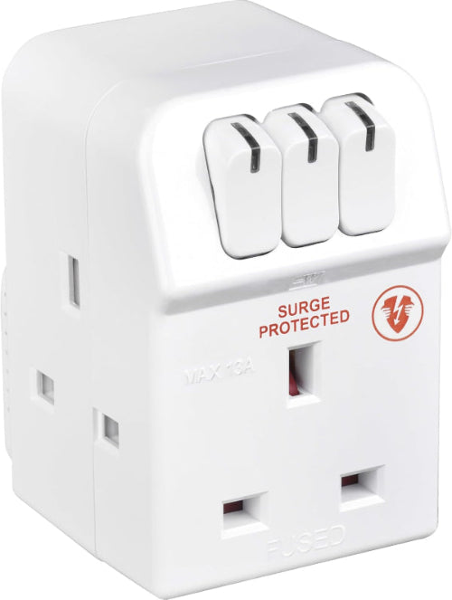 3-Socket Surge Protected Adaptor with Individual Switches – Safe Power Extension