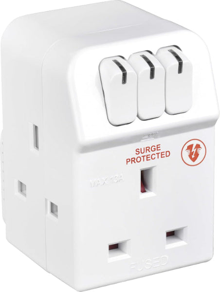 3-Socket Surge Protected Adaptor with Individual Switches – Safe Power Extension