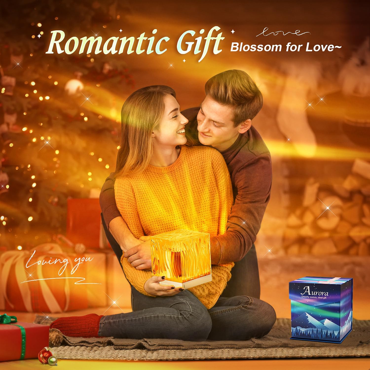 holding a glowing gift box with 'Romantic Gift' text and Aurora brand packaging.