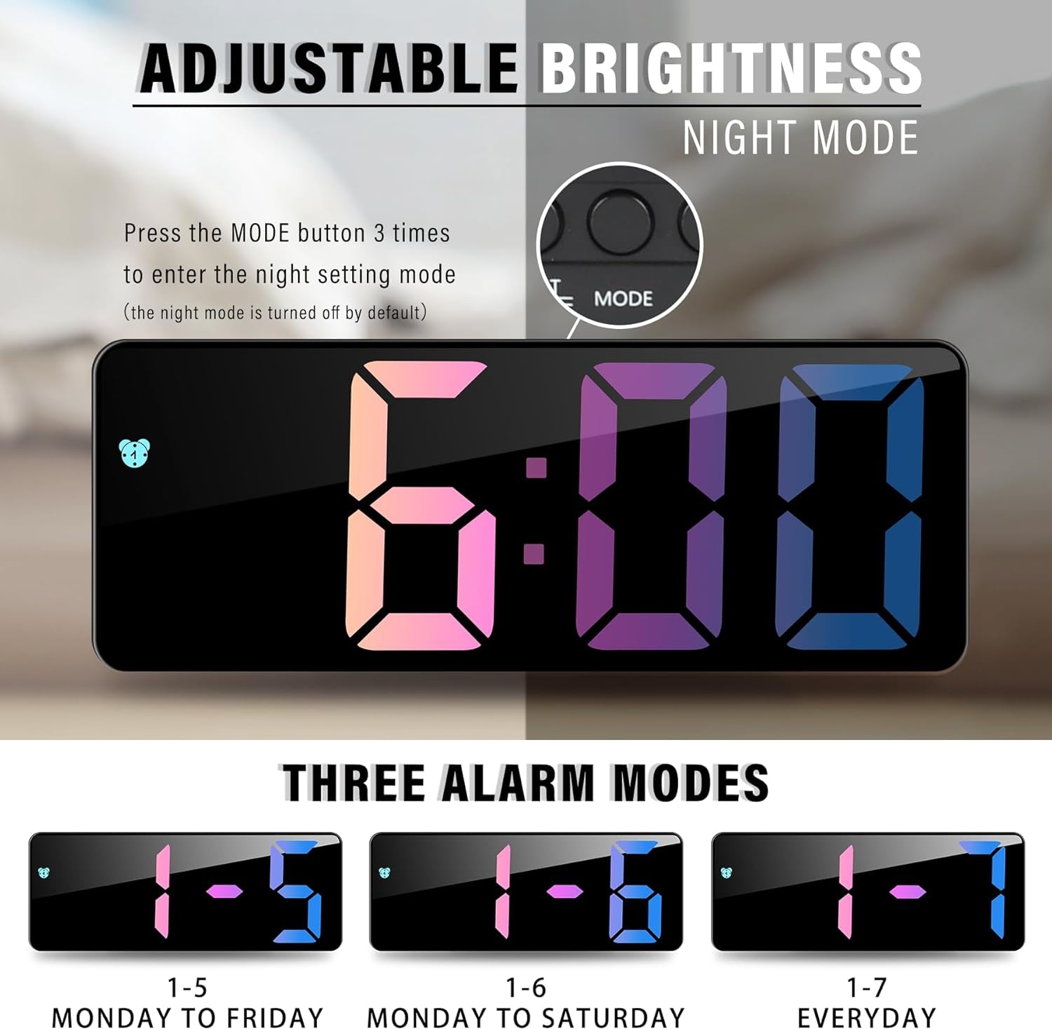 Battery Powered LED Digital Alarm Clock – Snooze, Temperature, Date, Brightness Control