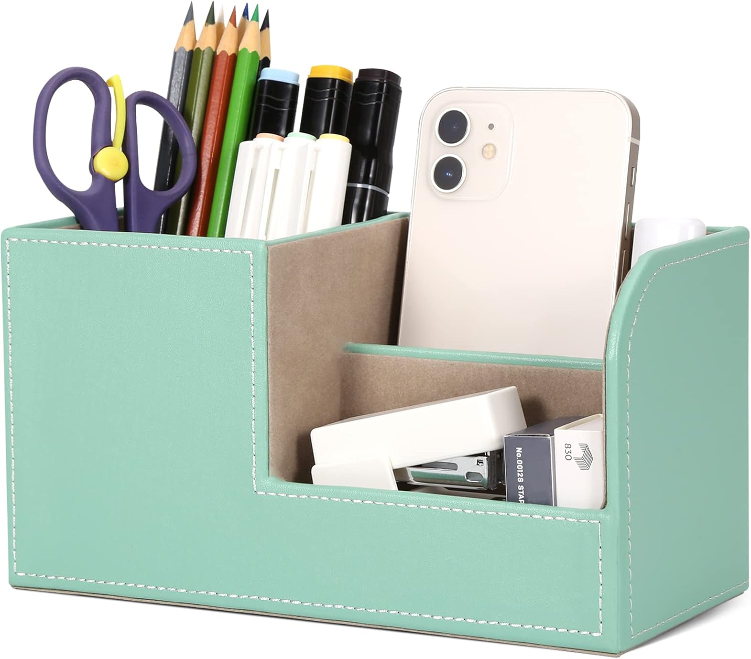 PU Leather Desk Organiser Pen Holder – Office Pencil Box & Accessory Storage, Mint Green