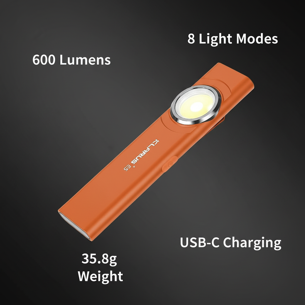 Orange flashlight with features highlighted on a dark background