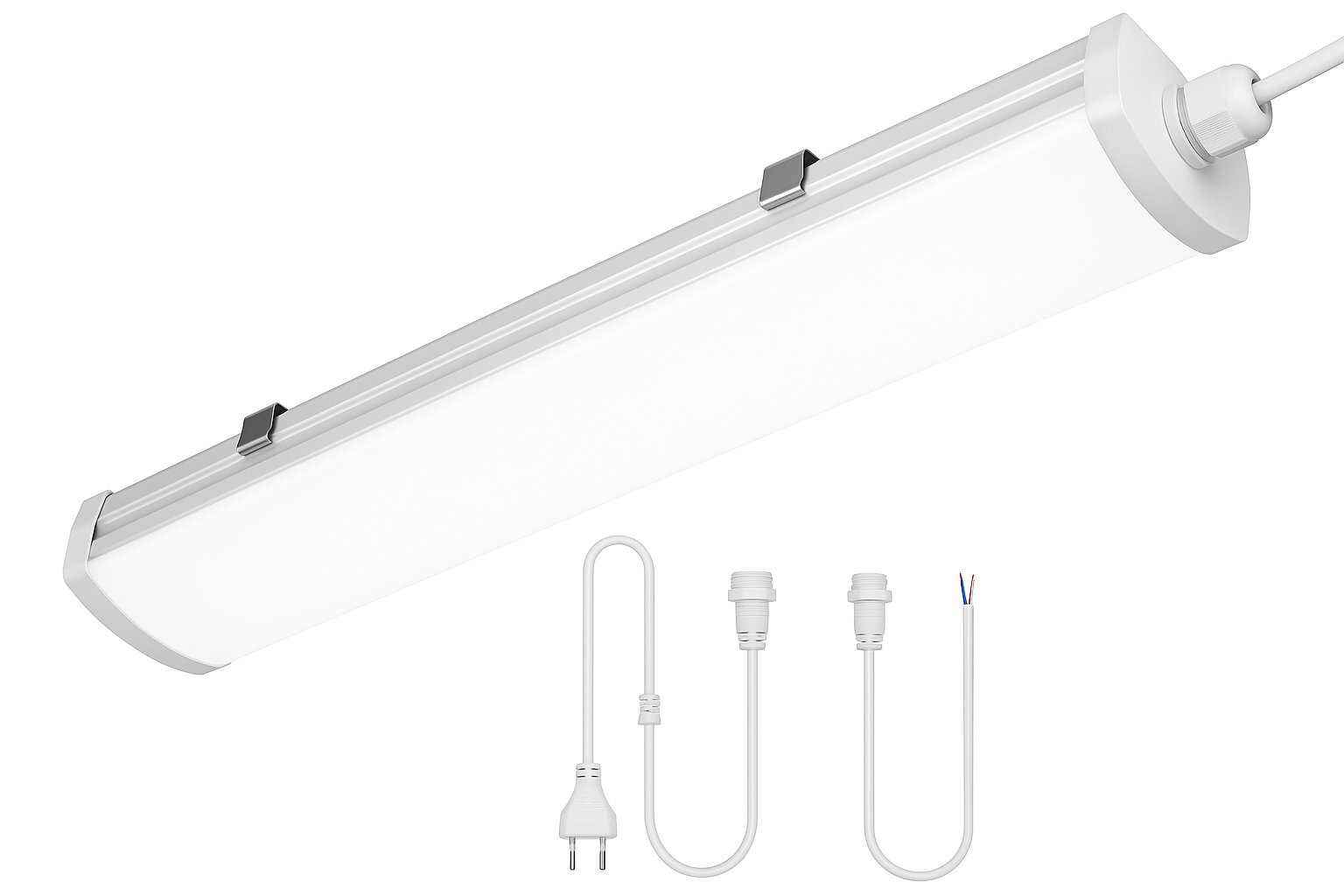 White LED strip light with connectors on a white background