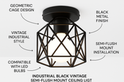 Industrial Black Vintage Style Semi Flush Mount Ceiling Light – vintage lighting for homes | E27 Fixture UK