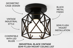 Industrial Black Vintage Style Semi Flush Mount Ceiling Light – vintage lighting for homes | E27 Fixture UK