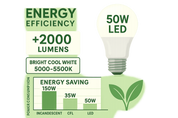 LED light bulb with energy efficiency and saving information on a white background