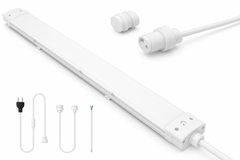 White LED strip light with connectors and plug on a white background