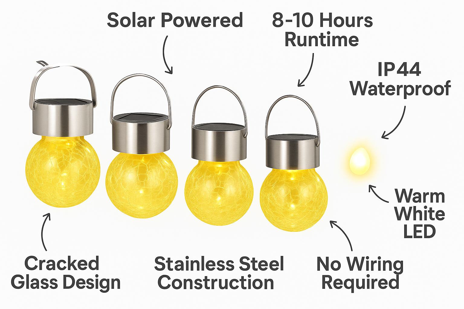4 Pack Solar Hanging Garden Lanterns Outdoor - Warm White Crackled Glass Decorative Waterproof Lights for Yard, Fence, Tree, Patio, Holiday