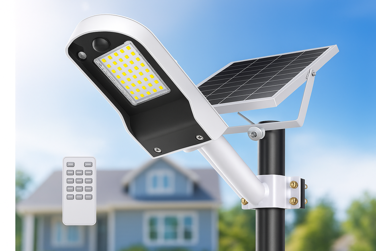 Solar street light with remote control on a clear day with a house in the background