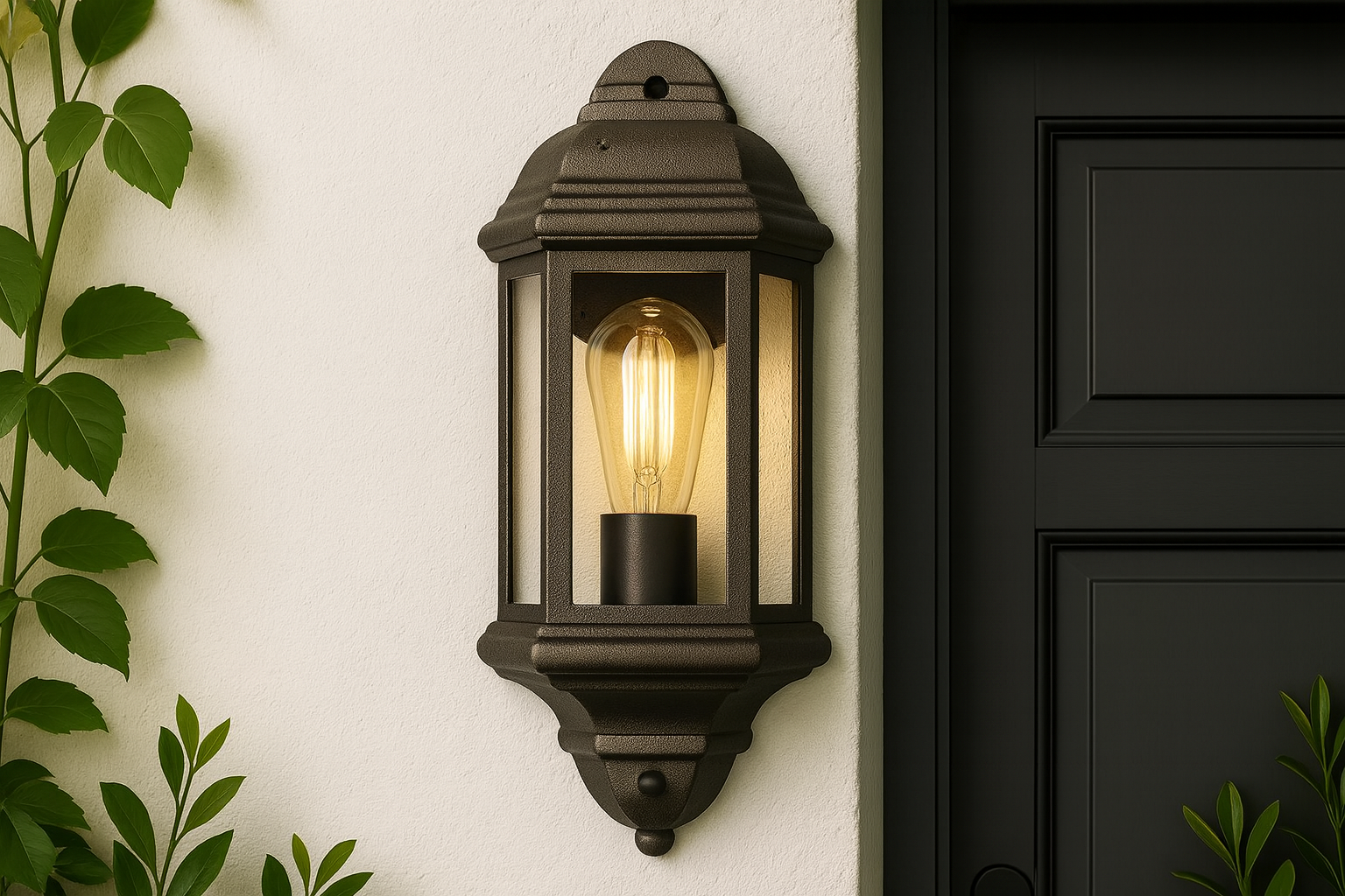 Decorative outdoor wall light fixture on a white wall with a dark door and green leaves.