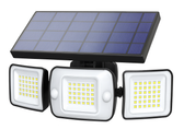 Solar-powered outdoor light fixture with three LED lights on a white background