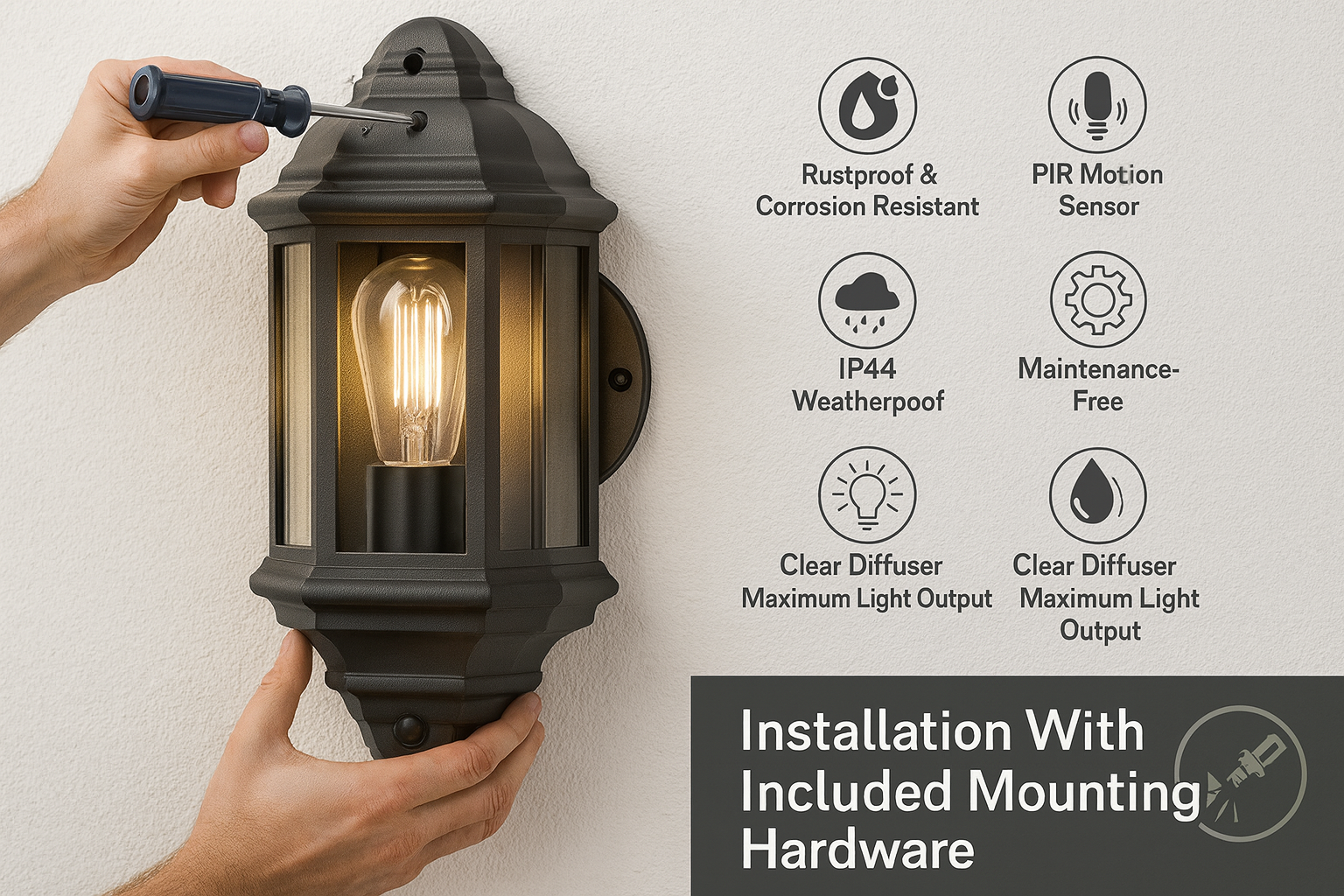 Black Outdoor Wall Motion Sensor Lantern – Traditional Vintage Half Wall PIR Light Fixture