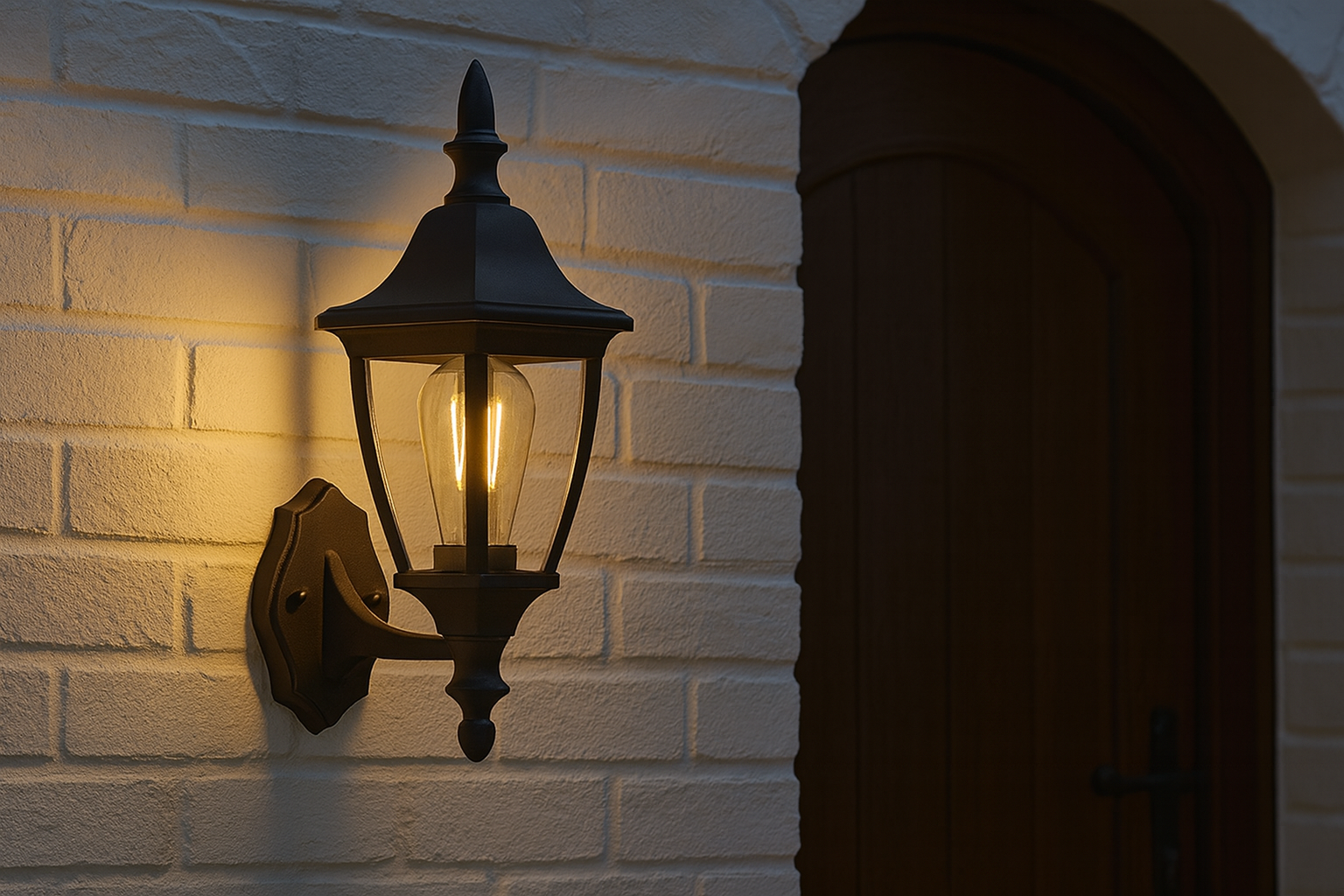 Decorative outdoor wall light fixture on a brick wall