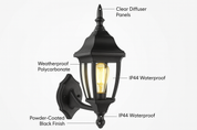 Black outdoor wall light fixture with labeled features on a white background