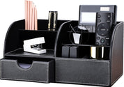PU Leather Desk Organiser – Black Office Stationery Storage Box & Pen Holder