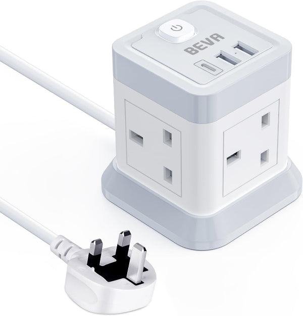 4-Gang Extension Lead Cube 3M with 3 USB Ports & Switch, Multi Plug Power Strip