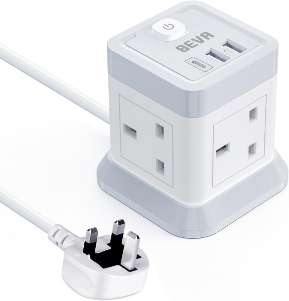 4-Gang Extension Lead Cube 3M with 3 USB Ports & Switch, Multi Plug Power Strip