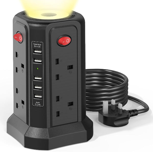 Tower Extension Lead 8-Way with 5 USB Ports & Night Light, Surge Protected Power Strip 1.8M