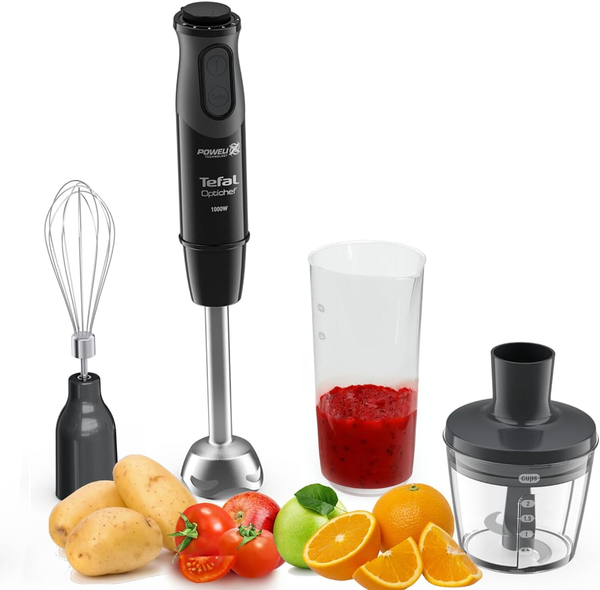 Tefal Optichef 3-in-1 Hand Blender – 1000W, 20 Speeds, Chopper & Beaker, Black