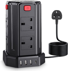Tower Extension Lead 8-Way [13A 3250W] with 4 USB Ports, Surge Protected Power Strip 3M