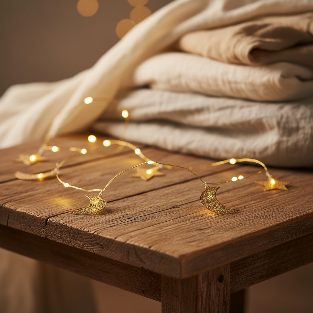 Filigree Gold Moon & Star Ramadan String Lights – 20 Warm White LEDs, Battery Operated with Timer, 1.9m Indoor Decor
