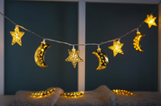 Ramadan Filigree Moon & Star String Lights – 2.25m Warm White LED Lights with Timer, Plug-In Indoor & Outdoor Decor