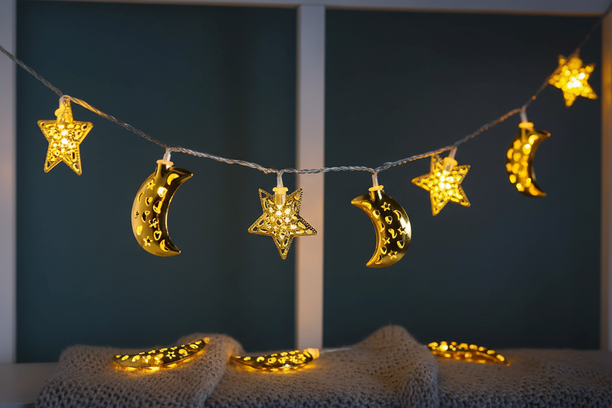 Ramadan Filigree Moon & Star String Lights – 2.25m Warm White LED Lights with Timer, Plug-In Indoor & Outdoor Decor