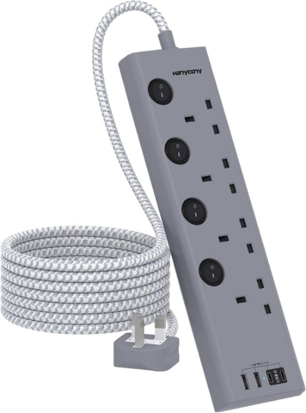 4-Way Extension Lead with 4 USB (2 Type-C), 1.8M Cable & Switches – Grey