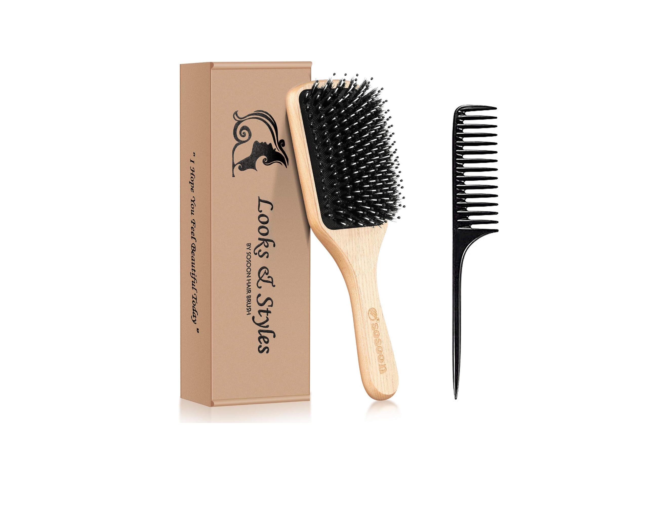 Bristle Paddle Hairbrush for Thick, Curly & Wavy Hair – Reduces Frizz & Breakage