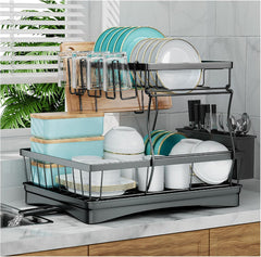 7 Code 2-Tier Large Dish Drying Rack – Black Detachable Drainer with Utensil Holder