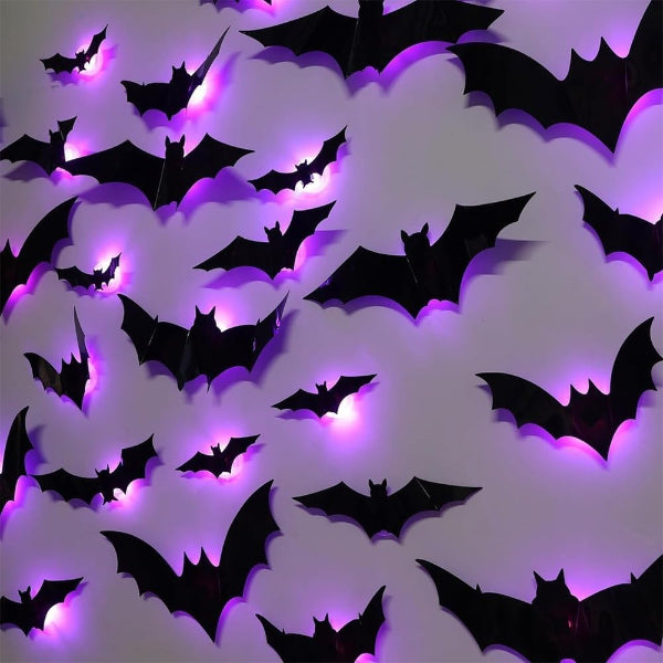 HIAME 12PCS 3D LED Bat Wall Stickers – Halloween Night Light Home Decorations