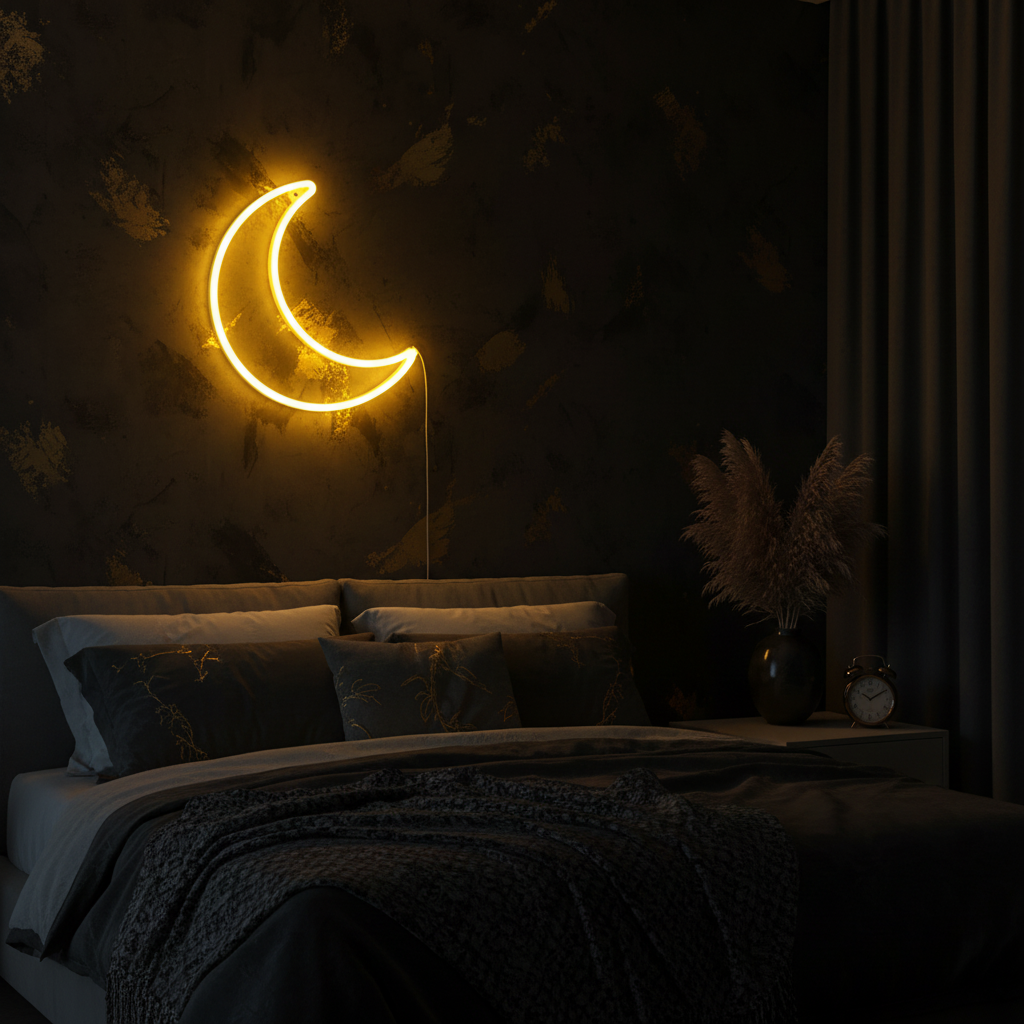 Moon Neon LED Wall Light, USB Powered Moon Shaped Decorative Neon Sign for Bedroom, Party & Festive Décor