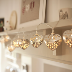 Warm White LED Silver Filigree Heart String Fairy Lights 2.85m Plug-In Indoor Decorative Lighting