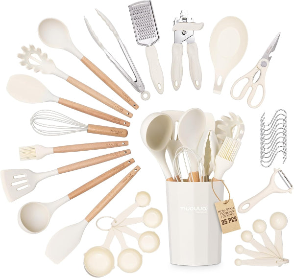 Nuovva 35-Piece Cream Silicone Cooking Utensils Set – Non-Stick, Heat Resistant Tools