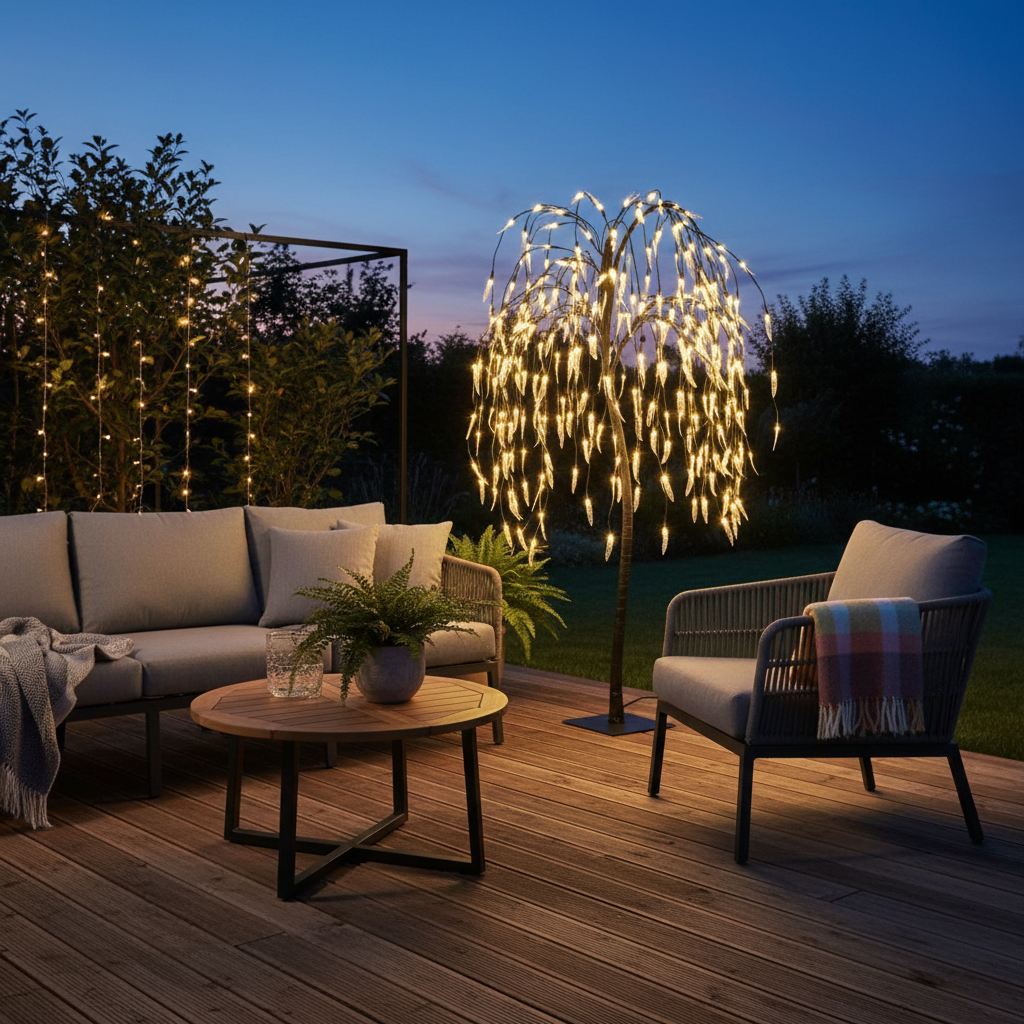Solar Weeping Willow Tree Lights 5FT, 240 LED Warm White Outdoor Garden Tree with Metal Base for Home and Landscape Décor