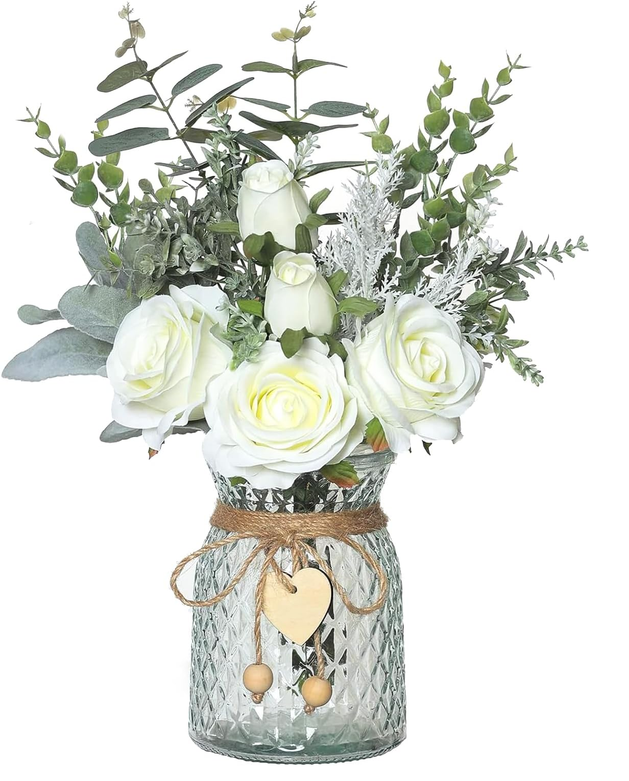 Floralsecret White Rose Faux Flowers with Vase – Artificial Floral Arrangement Décor