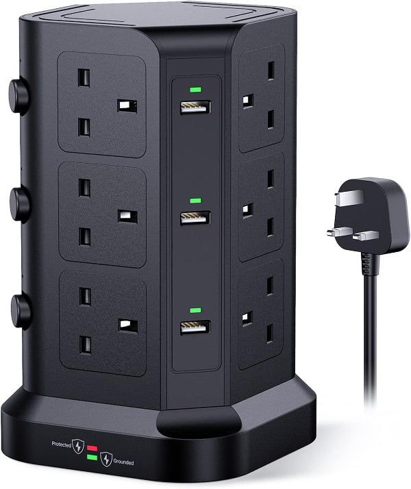 Tower Extension Lead [13A 3250W] with 12 AC & 6 USB Ports, Surge Protected 2M Power Strip