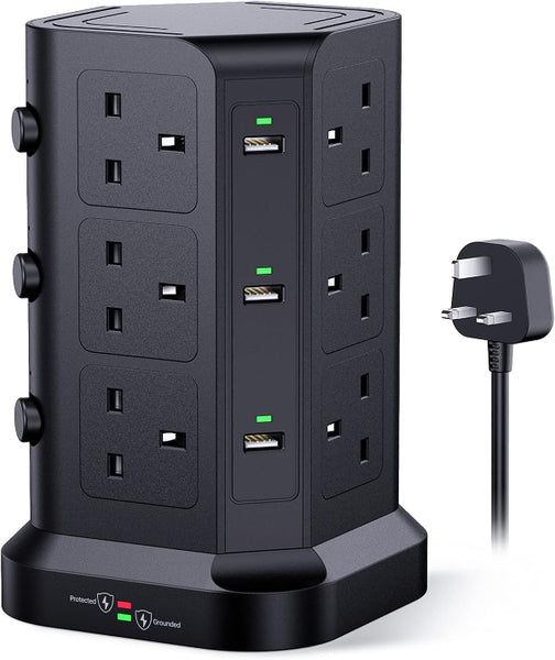 Tower Extension Lead [13A 3250W] with 12 AC & 6 USB Ports, Surge Protected 2M Power Strip