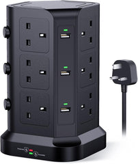 Tower Extension Lead [13A 3250W] with 12 AC & 6 USB Ports, Surge Protected 2M Power Strip