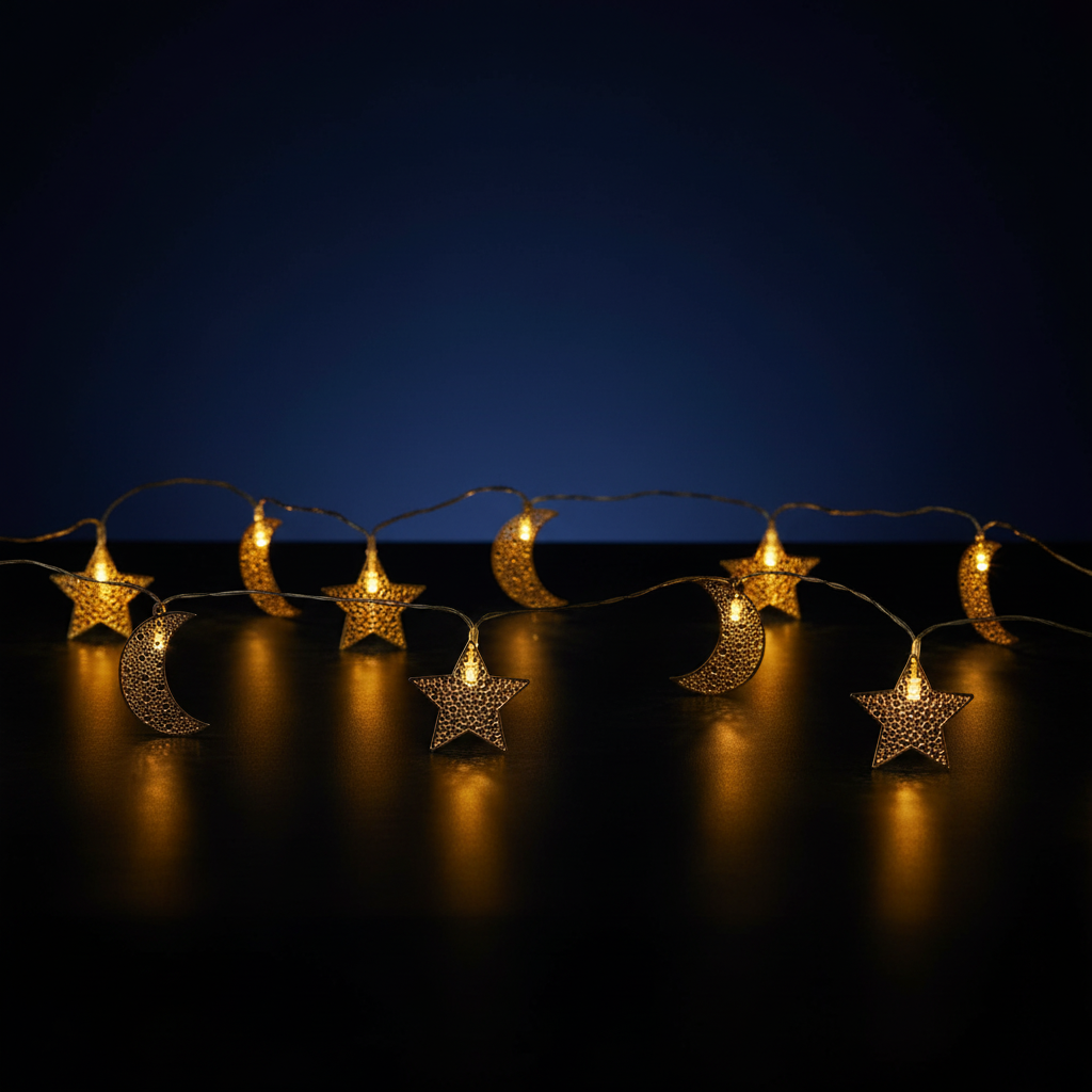 Filigree Gold Moon & Star Ramadan String Lights – 20 Warm White LEDs, Battery Operated with Timer, 1.9m Indoor Decor