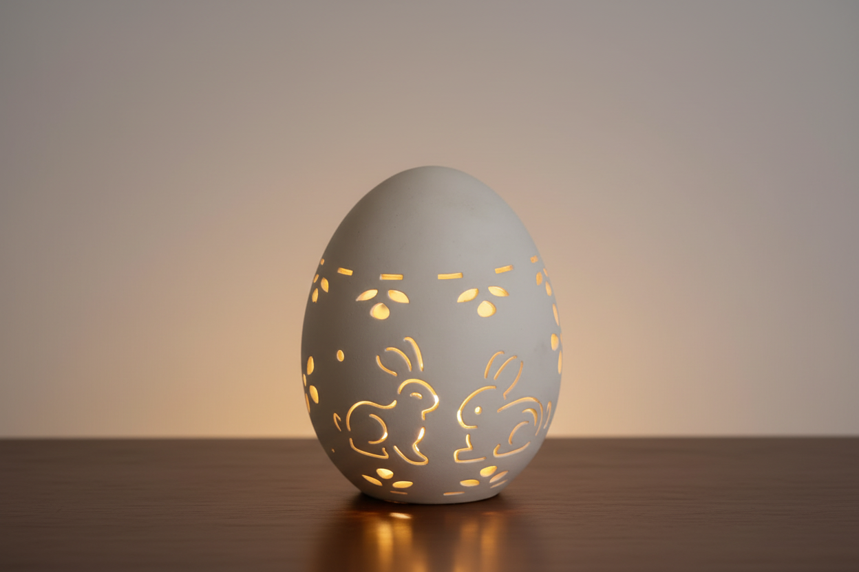 Easter Egg LED Table Lamp with Hollow Bunny Cutout – Ceramic Decorative Illuminated Egg Light