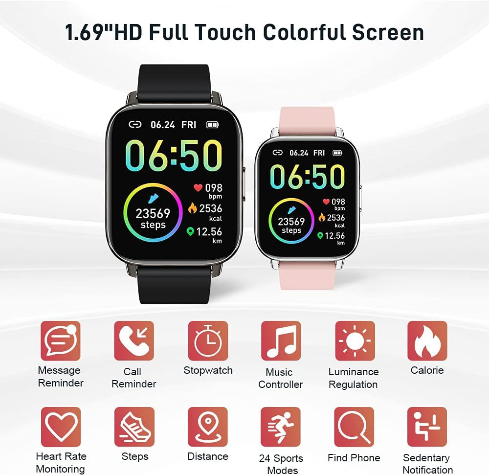 Smart Fitness Watch 1.69" – Heart Rate, Sleep & Step Tracker, IP68 Waterproof