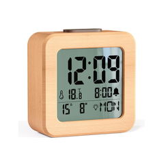 Wooden Digital Alarm Clock – Battery Powered, LCD Backlit, Temperature, Date, Snooze, 12/24H
